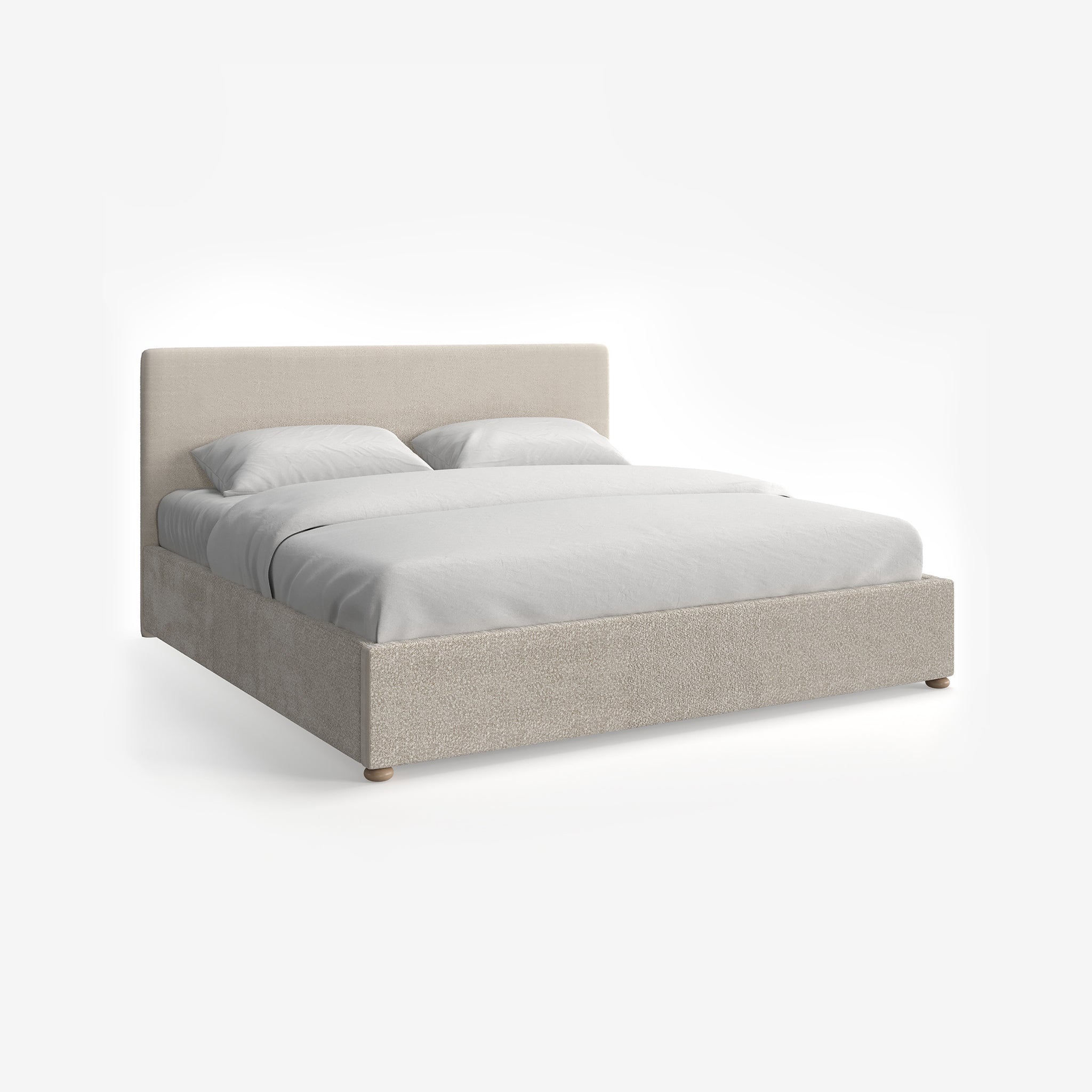 O'Halloran Beige Boucle Upholstered Bed with end-lift Ottoman Storage, Contemporary Interiors, Online Shopping, Craftsmanship, Wooden feet, Bazaar