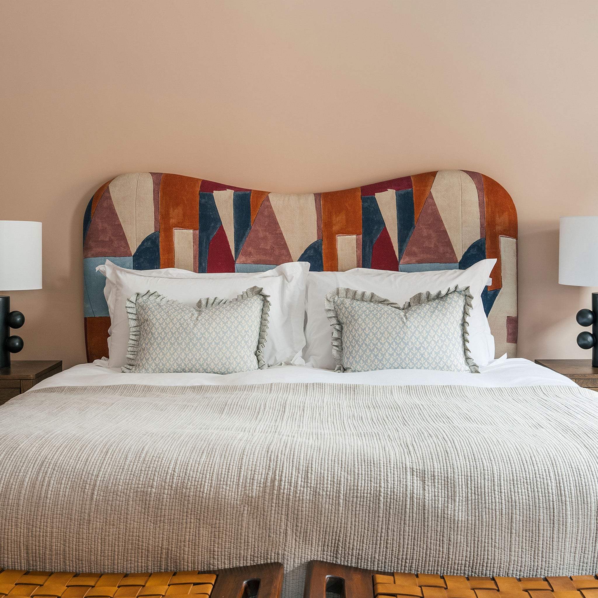 Geometric patterned upholstered bed with curved Headboard and end-lift Ottoman Storage, Contemporary Interiors, Online Shopping, Craftsmanship, Wooden feet, Bazaar