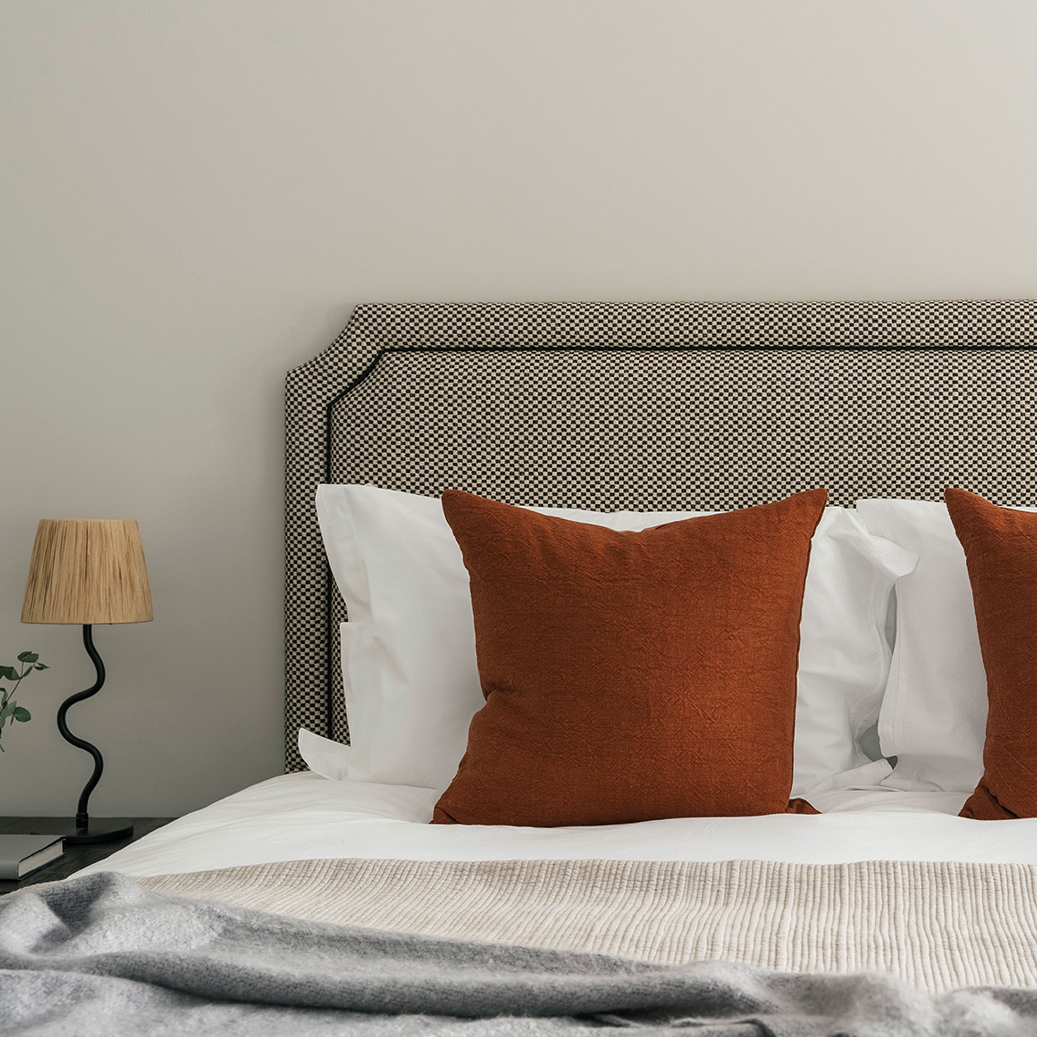 Check print Upholstered Bed with Fluted Edge Headboard and end-lift Ottoman Storage, Contemporary Interiors, Online Shopping, Craftsmanship, Wooden feet, Bazaar