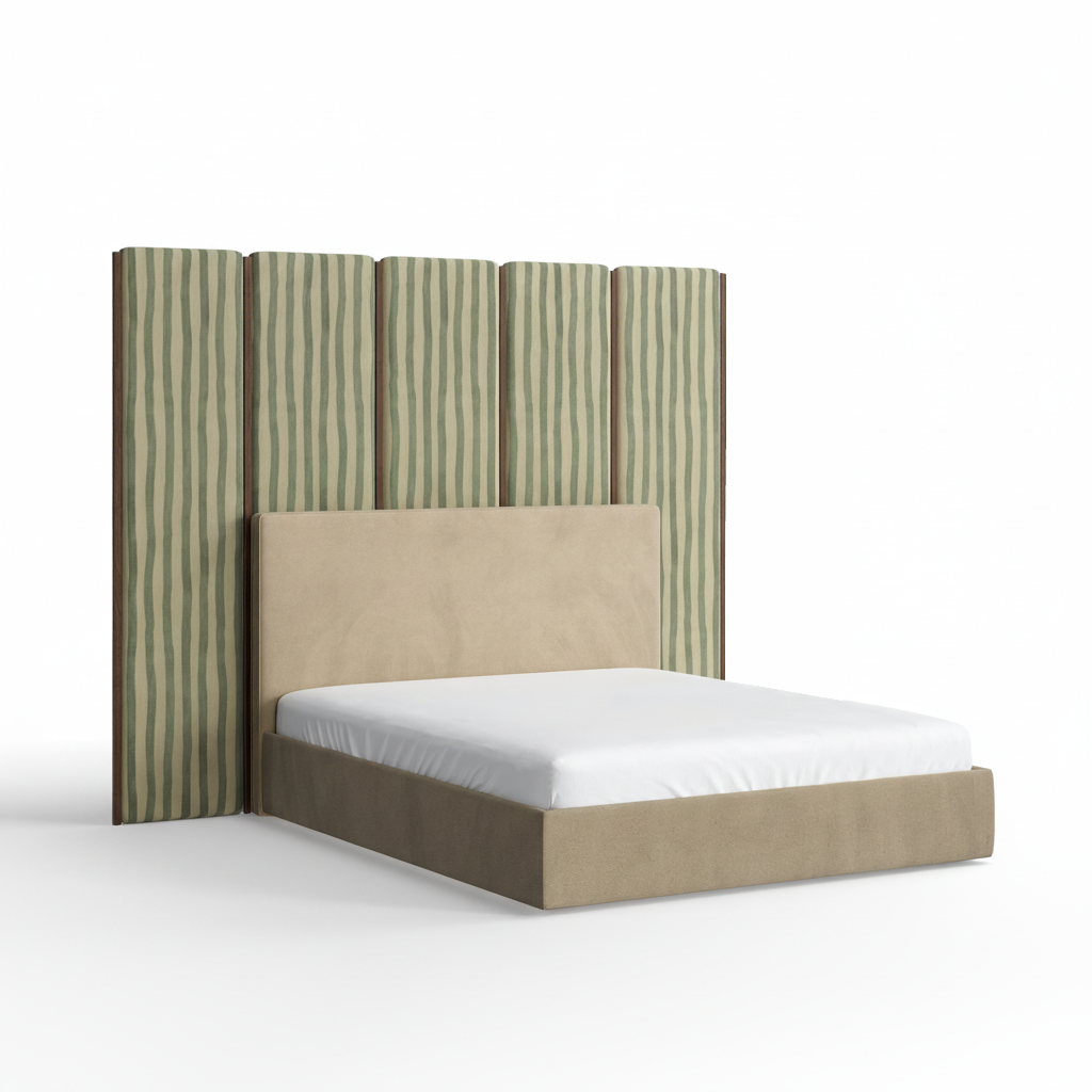 Bed with beige upholstered headboard and striped green and white paneling on a white background