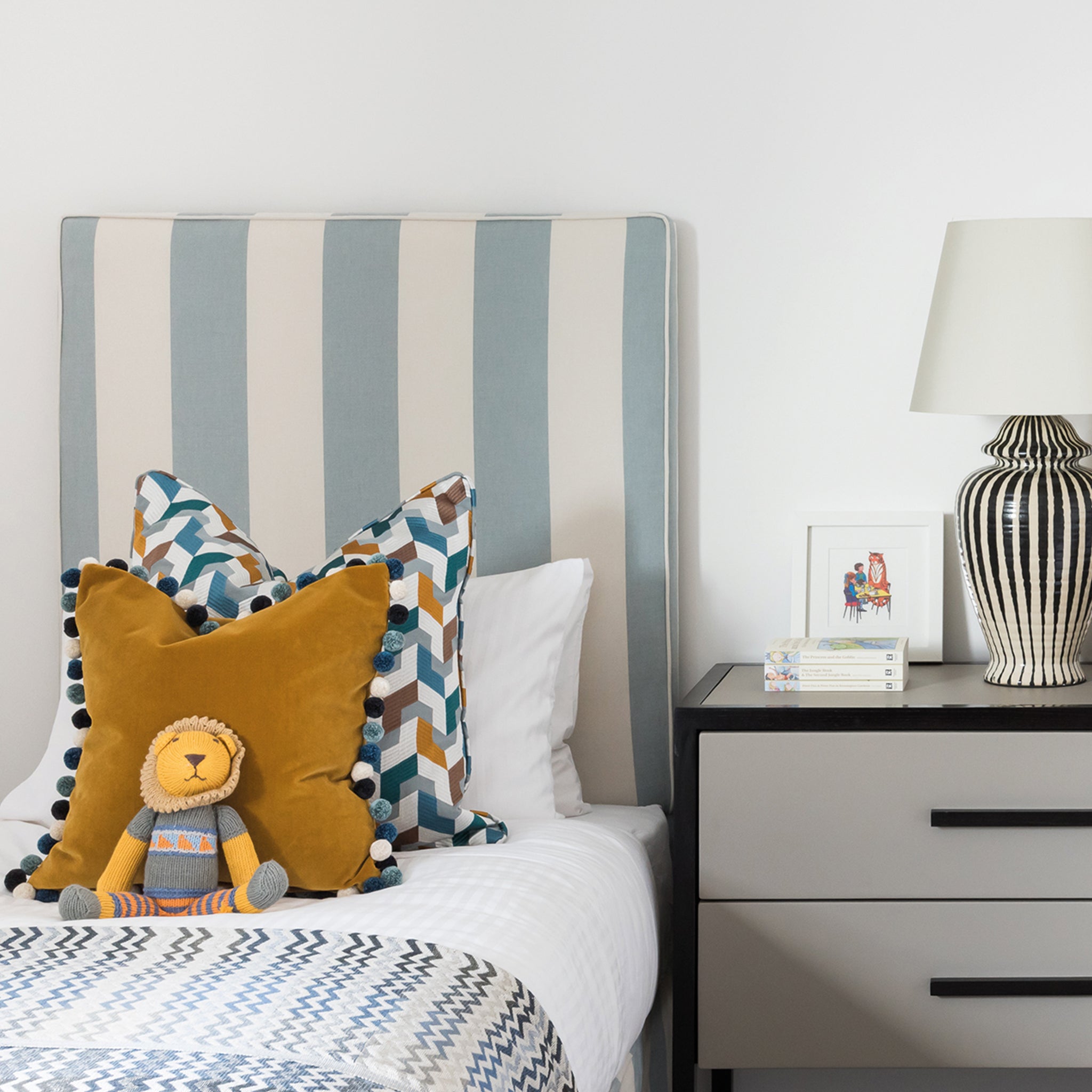 Blue striped upholstered single bed with end-lift Ottoman Storage, Contemporary Interiors, Online Shopping, Craftsmanship, Wooden feet, Made in England