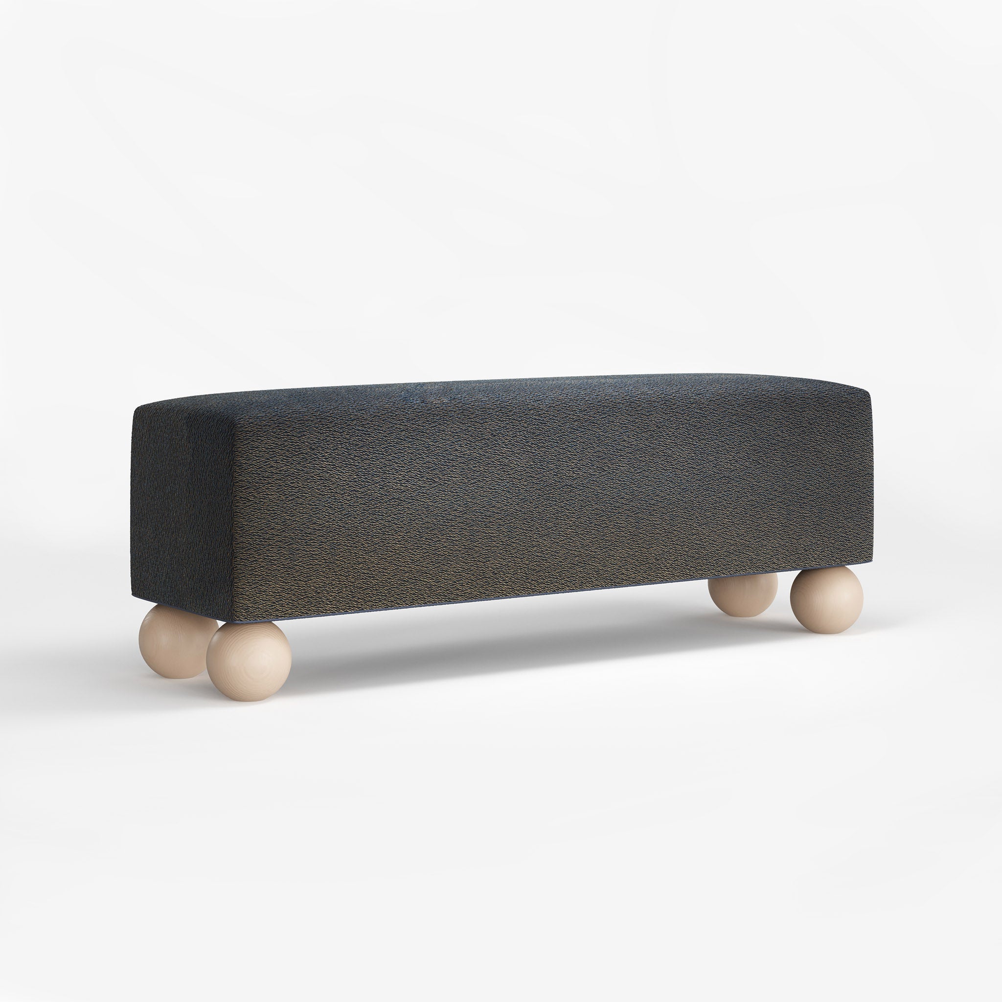 Bazaar, Chenille Fabric Bench, Grey, Spherical Wooden Feet, Contemporary Interiors, Bold Design, Luxury Furniture, Living Room, Bedroom