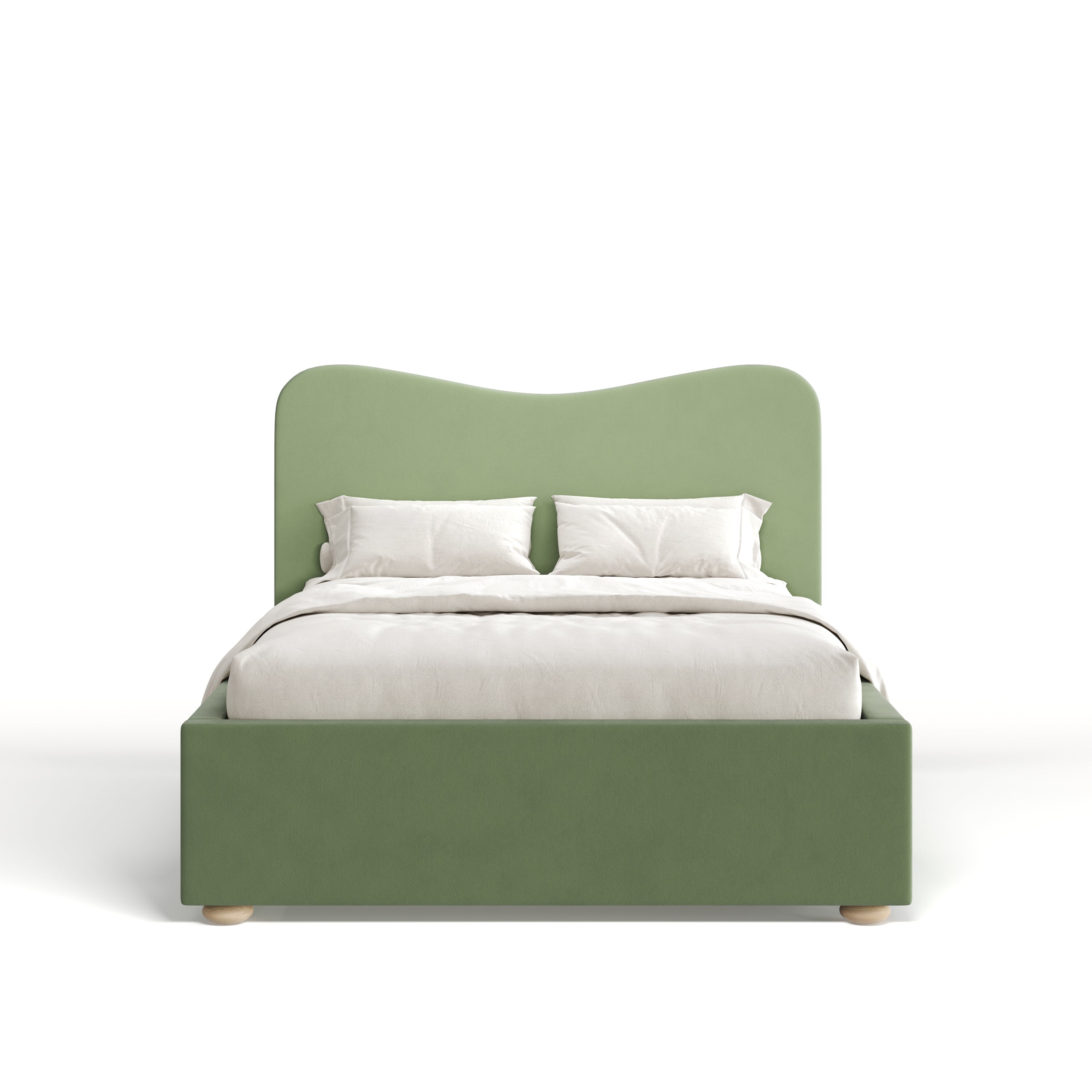 Green bed with white bedding on a white background