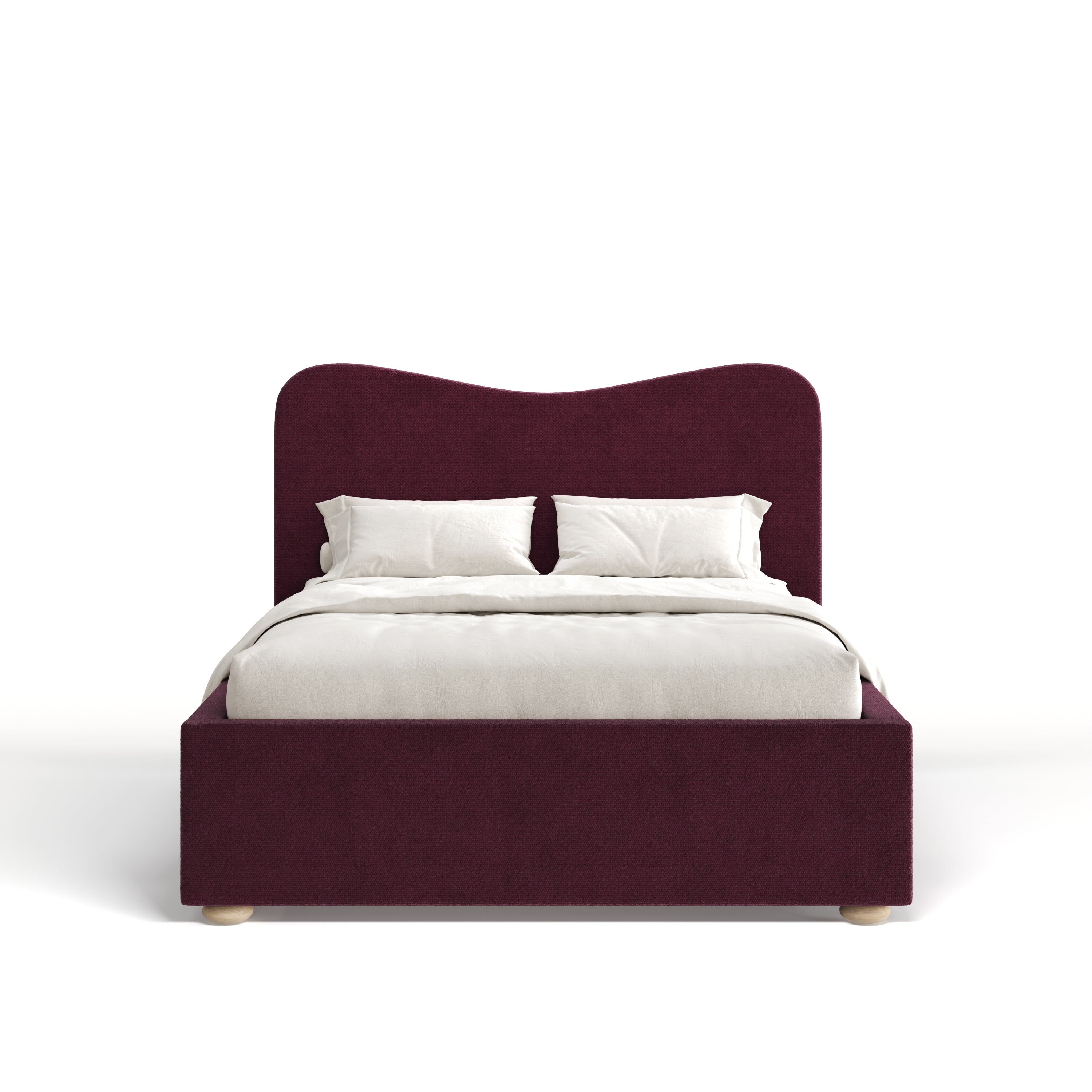 Purple bed with white bedding on a white background