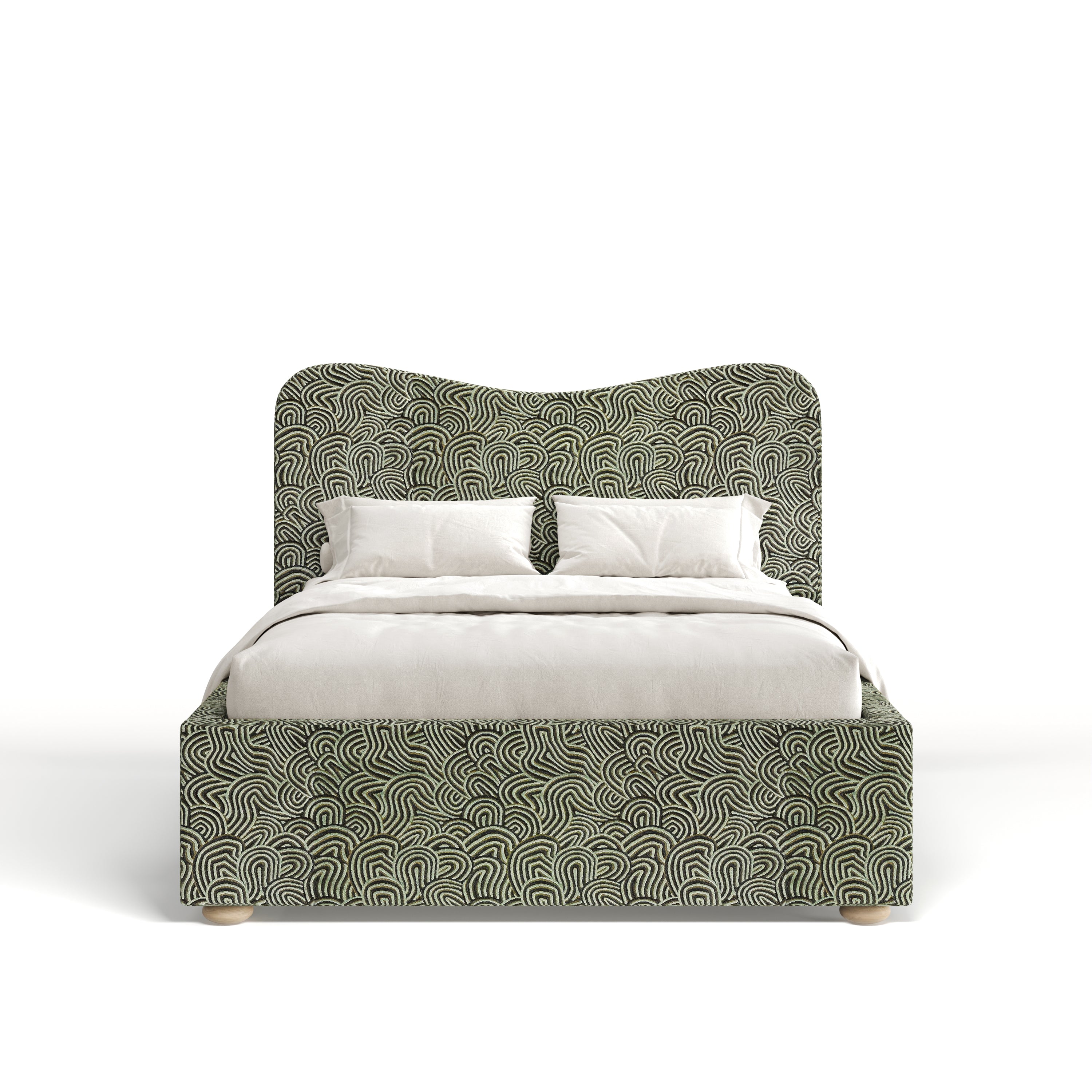 Bed with green patterned headboard and white bedding on a white background