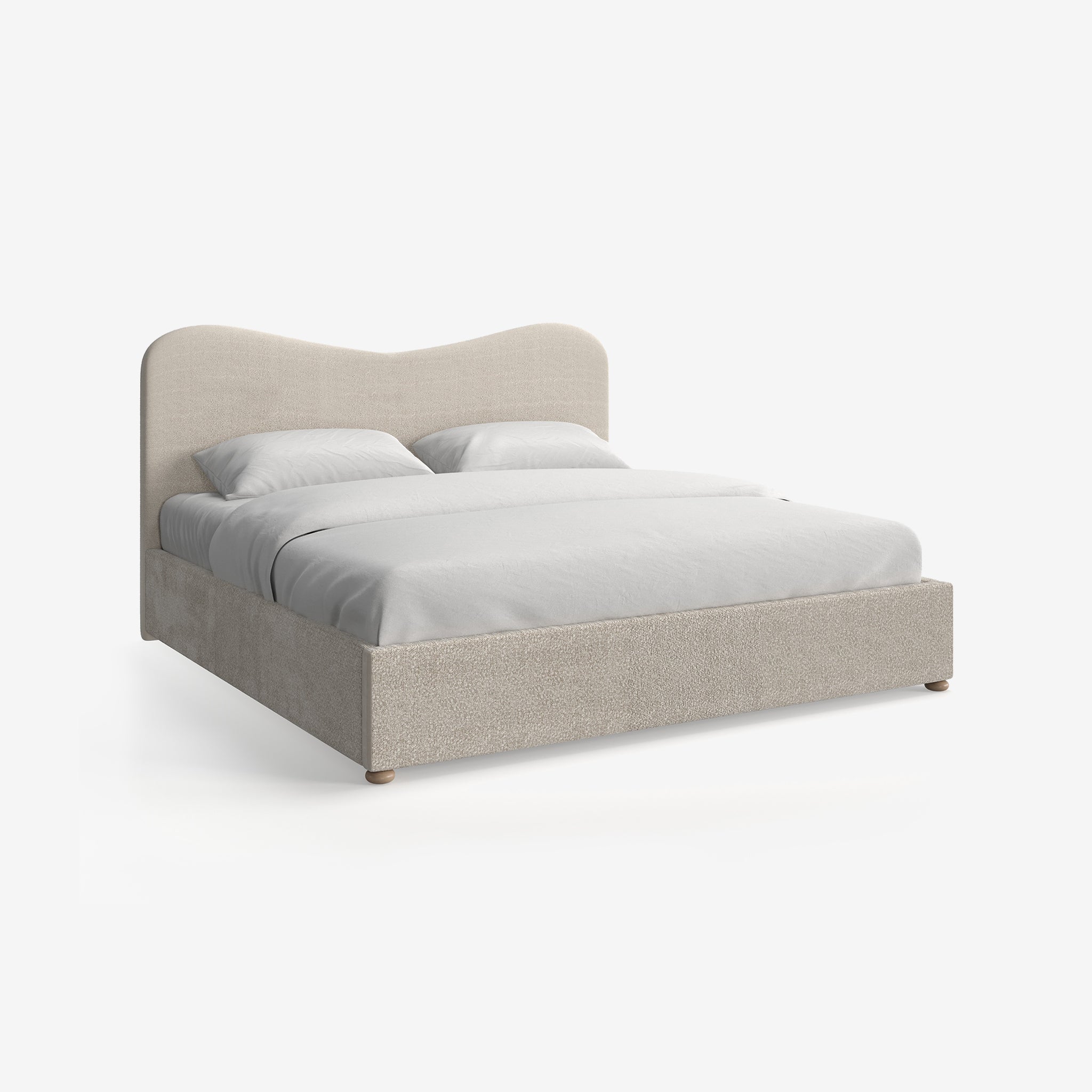 Bozier Beige Boucle Upholstered Bed with Curved Headbaord and end-lift Ottoman Storage, Contemporary Interiors, Online Shopping, Craftsmanship, Wooden feet, Bazaar