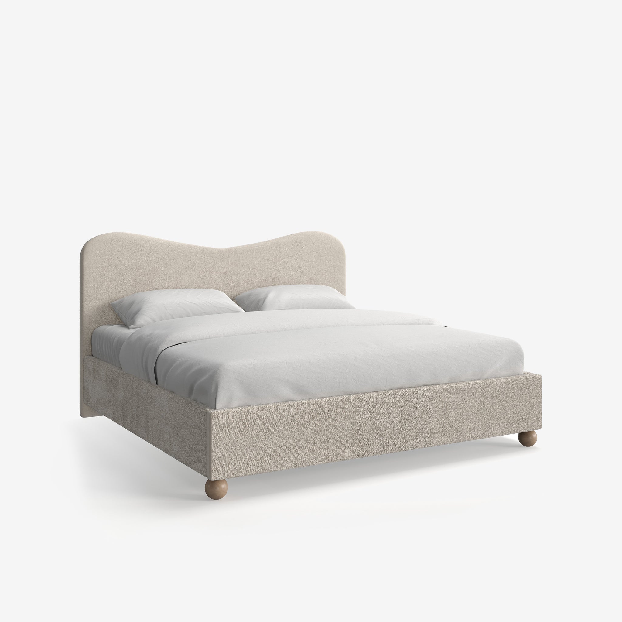 Bozier Beige Boucle Upholstered Bed with Curved Headbaord and end-lift Ottoman Storage, Contemporary Interiors, Online Shopping, Craftsmanship, Wooden feet, Bazaar