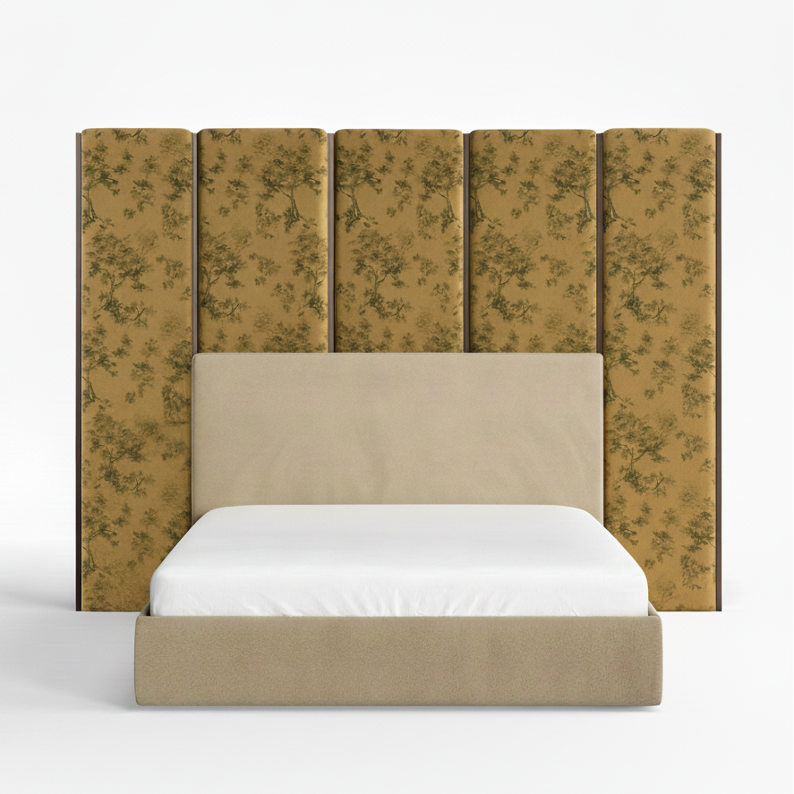 Beige bed with floral-patterned headboard on a white background