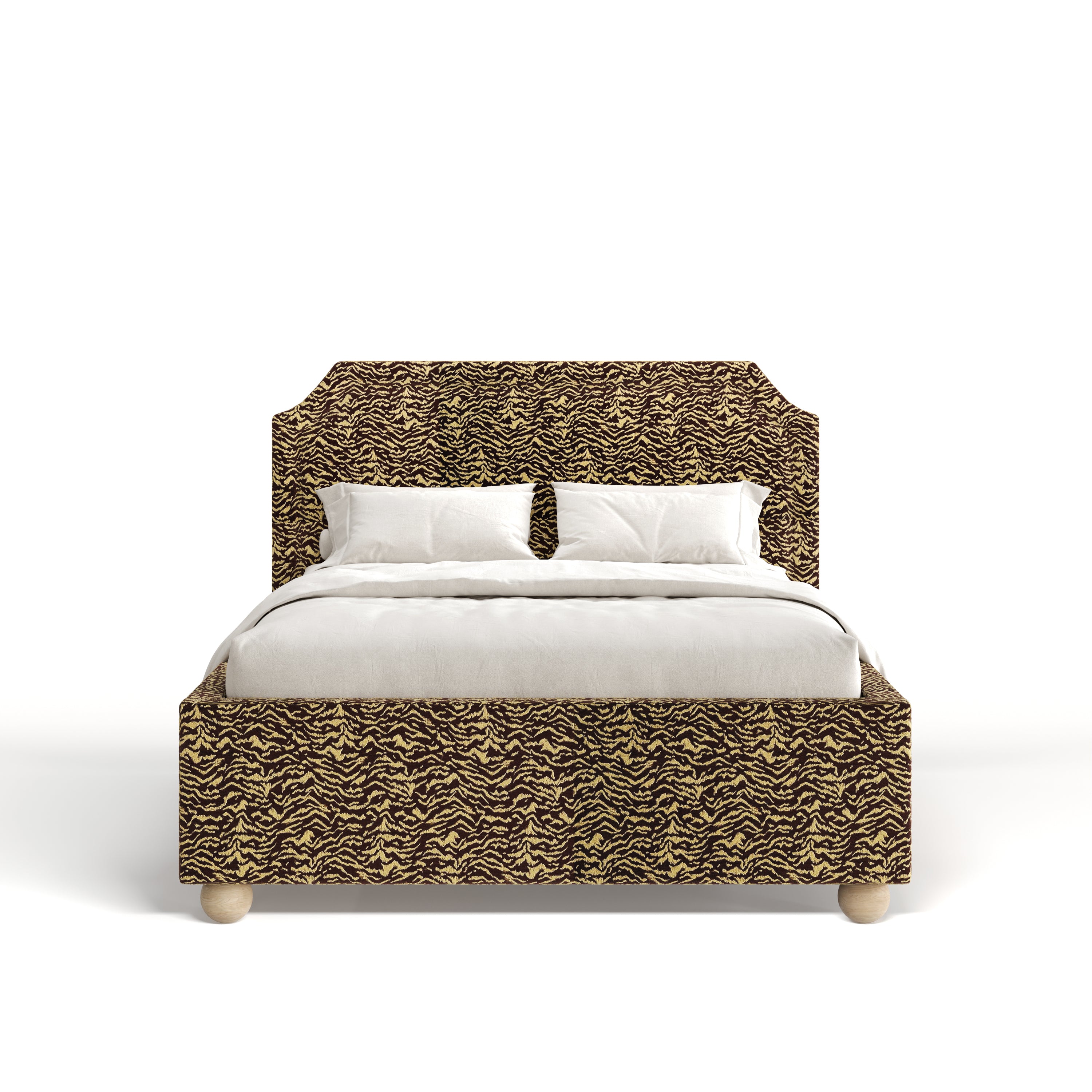 Bed with wavy patterned headboard and footboard on a white background