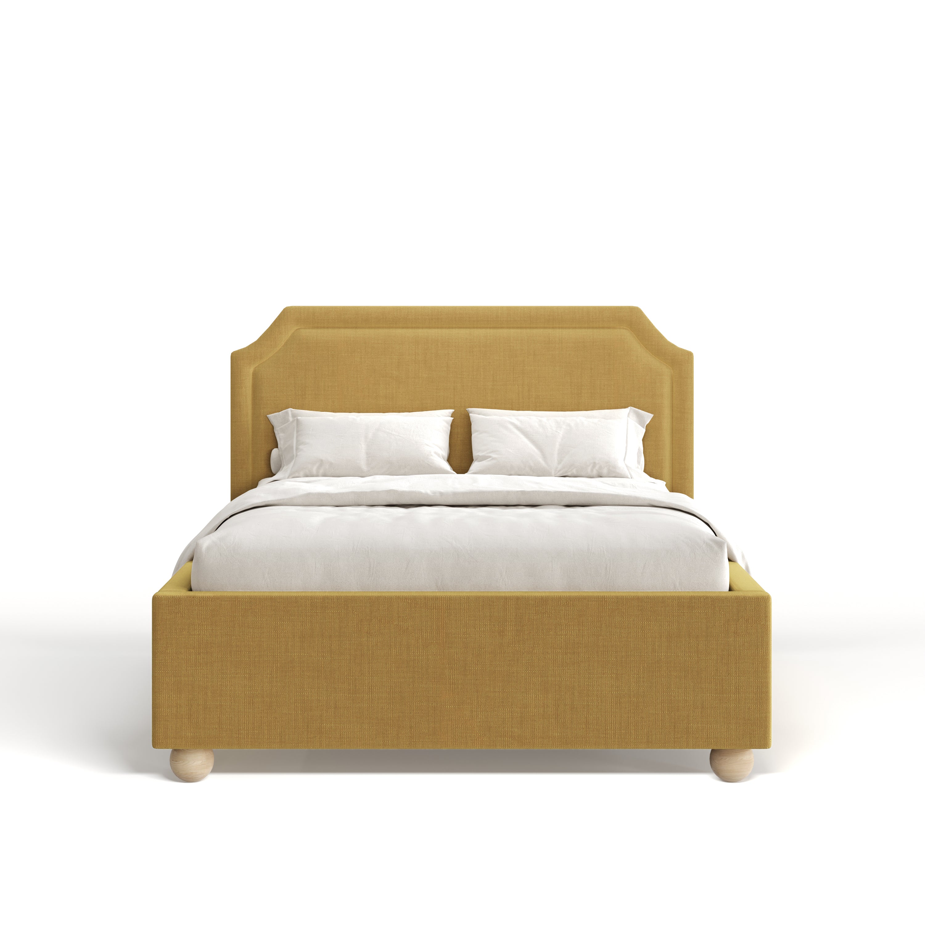 Yellow bed with white bedding on a white background