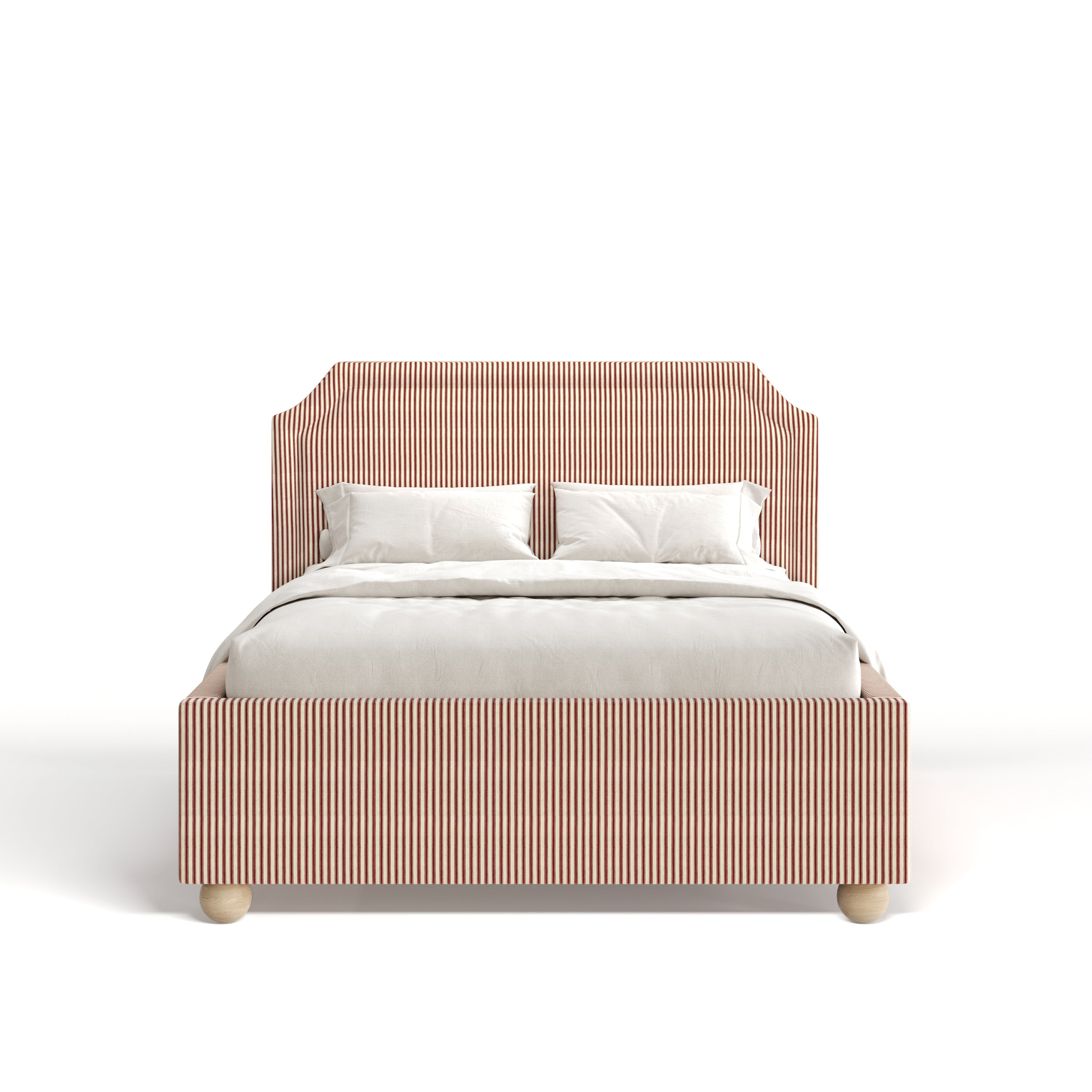 Bed with striped headboard and footboard on a white background