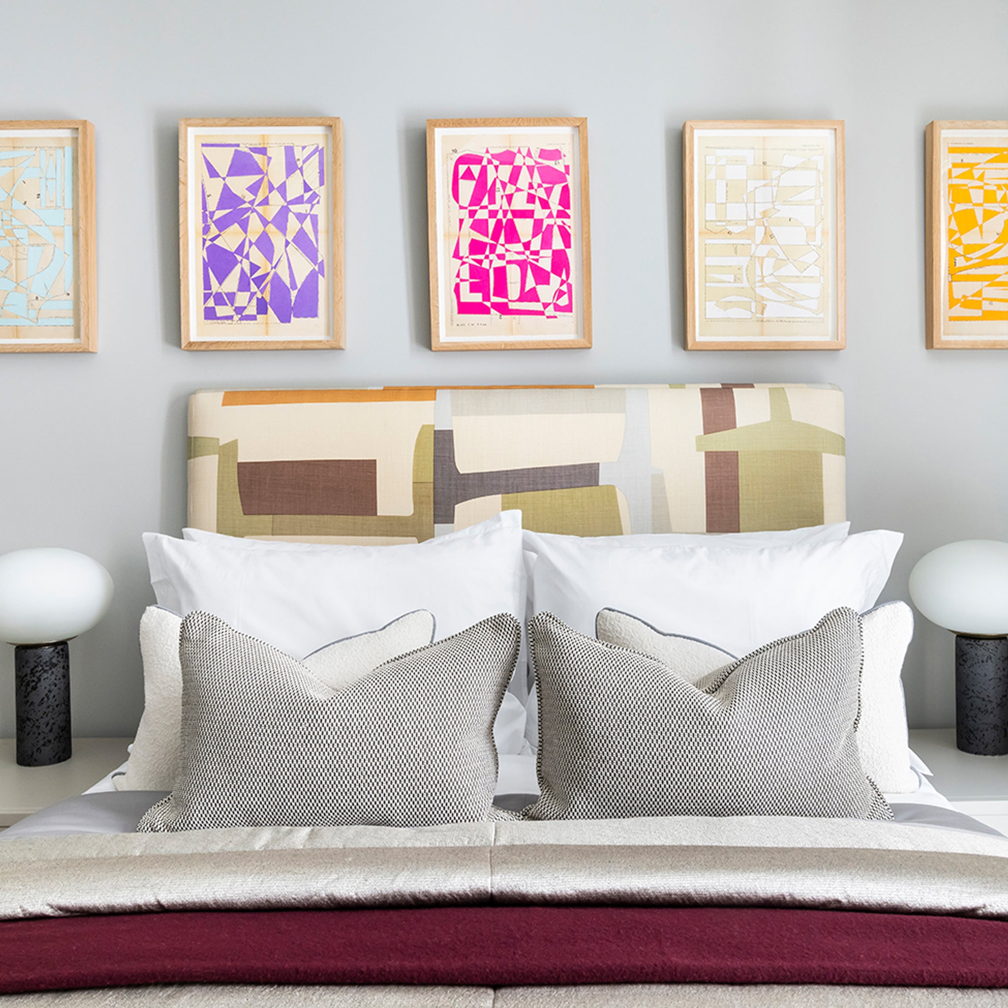 Geometric green and neutral Upholstered Bed with end-lift Ottoman Storage, Contemporary Interiors, Online Shopping, Craftsmanship, Wooden feet, Bazaar