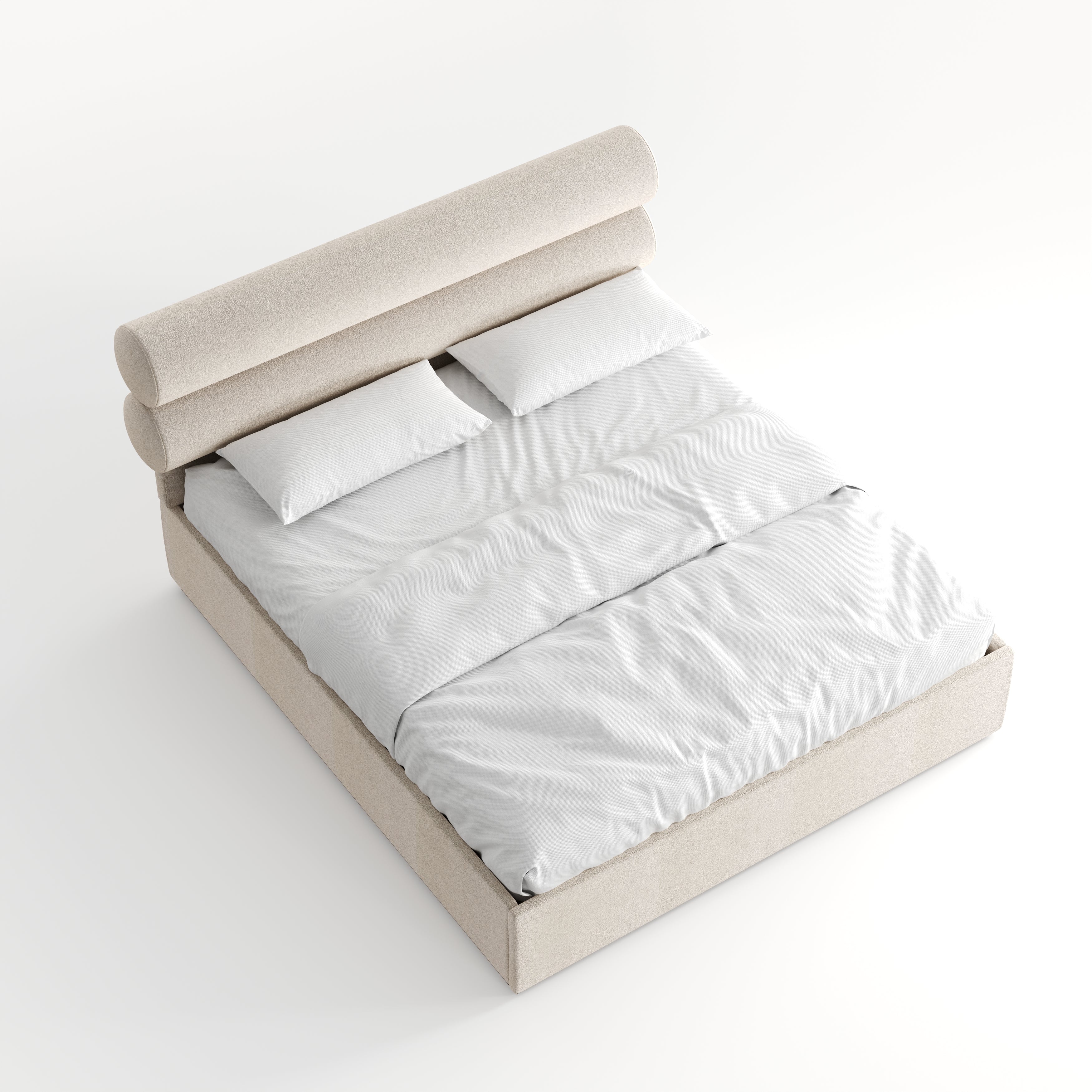 A beige upholstered bed with a padded headboard and a white mattress, designed with a Mid-Century aesthetic for an apartment at The OWO