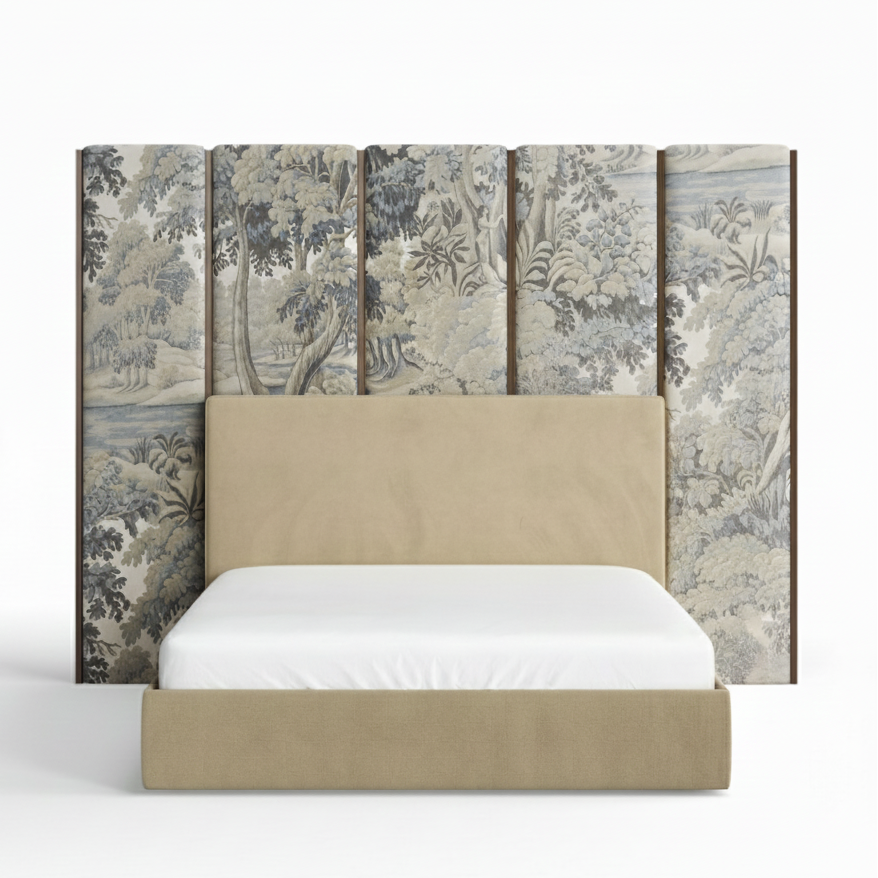 Bed with decorative headboard featuring a forest design on a white background
