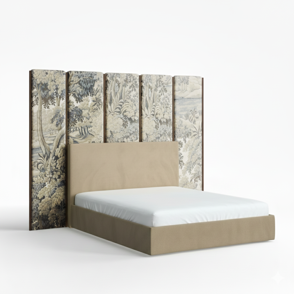 Bed with decorative headboard featuring nature-themed panels on a white background