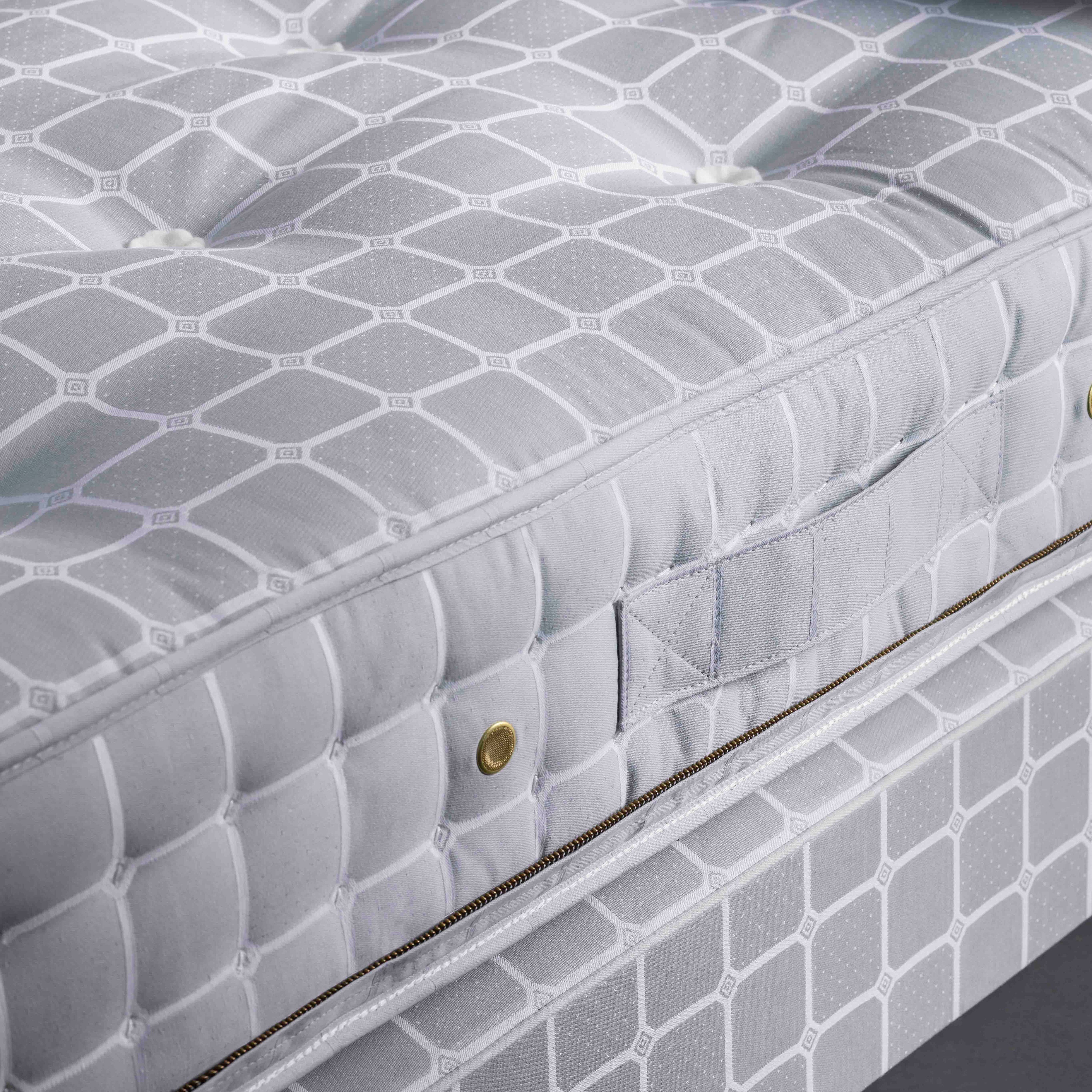 Gray mattress with quilted pattern on a bed frame