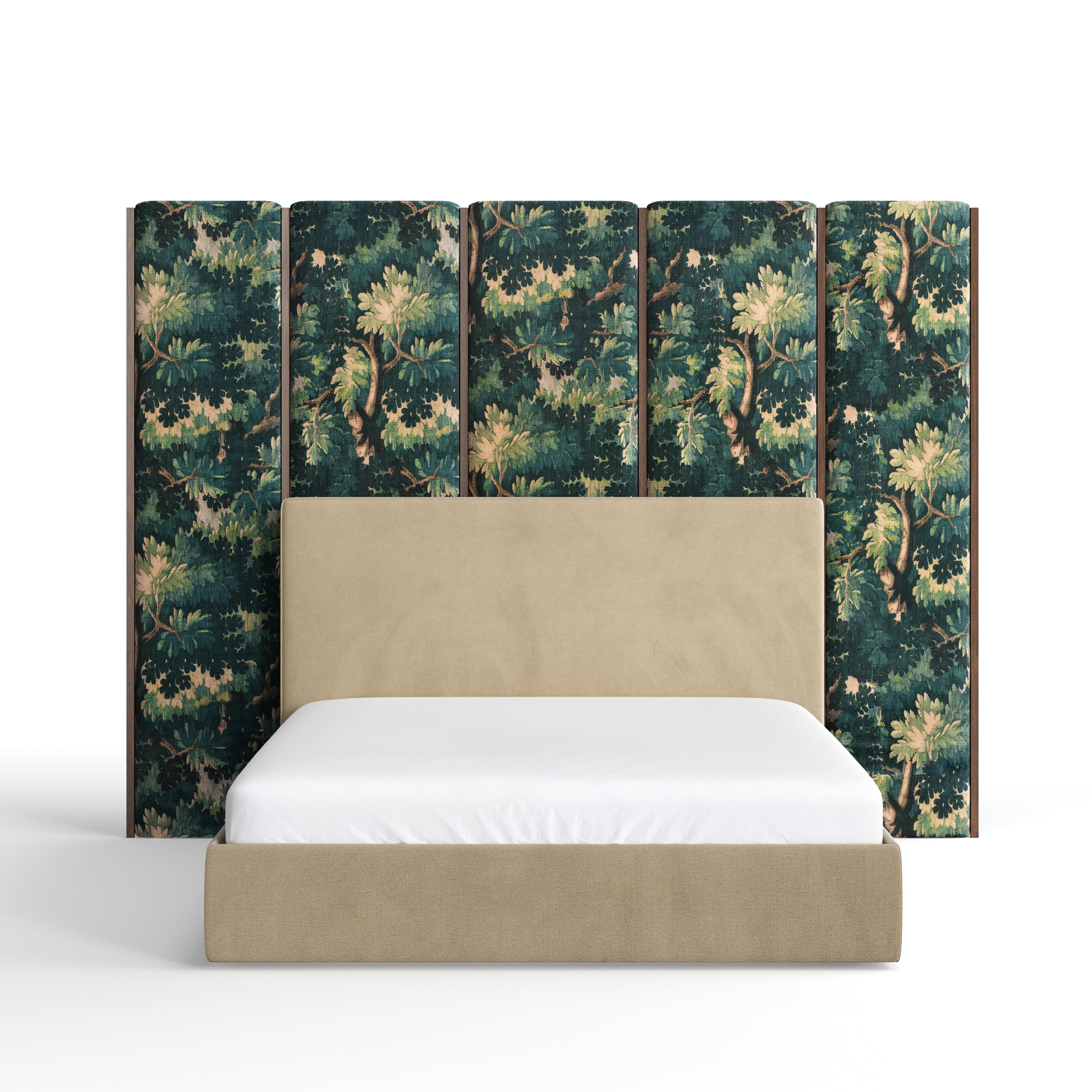 Bed with beige upholstered headboard and green forest-patterned headboard panels on a white background