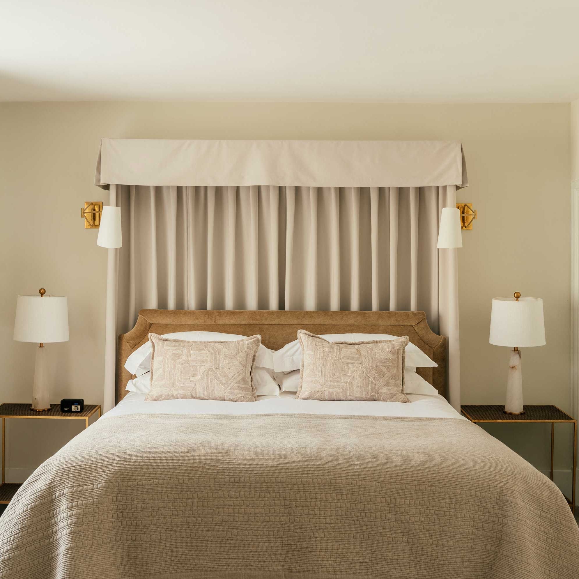 The Feather Hotel in Woodstock bronze velvet upholstered ottoman storage bed, with canopy, made to order, made in England