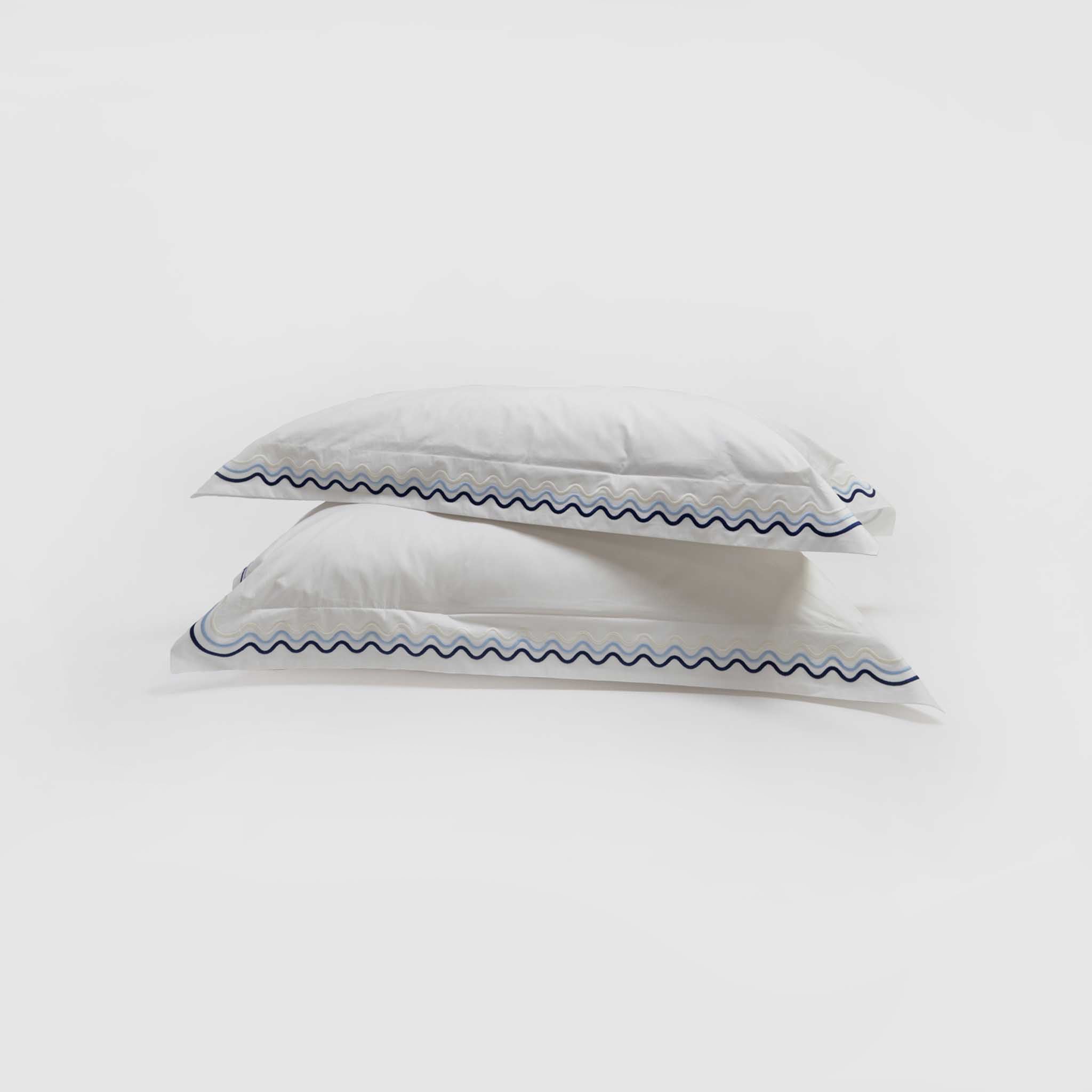 100% Egyptian Cotton Scalloped Luxury Pillowcase Set, Made in England by Peter Reed, Blue Embroidery