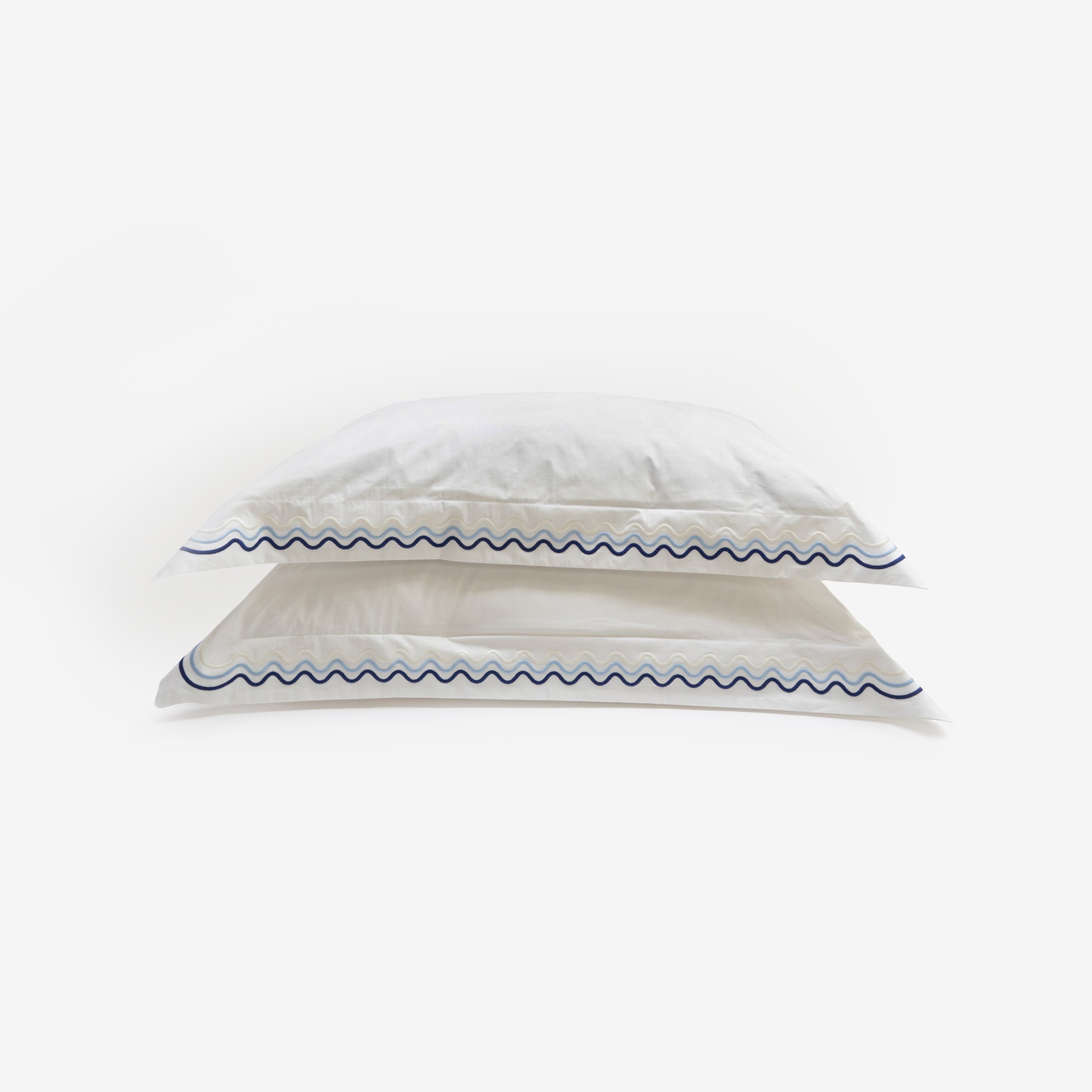 100% Egyptian Cotton Scalloped Luxury Pillowcase Set, Made in England by Peter Reed, Blue Embroidery