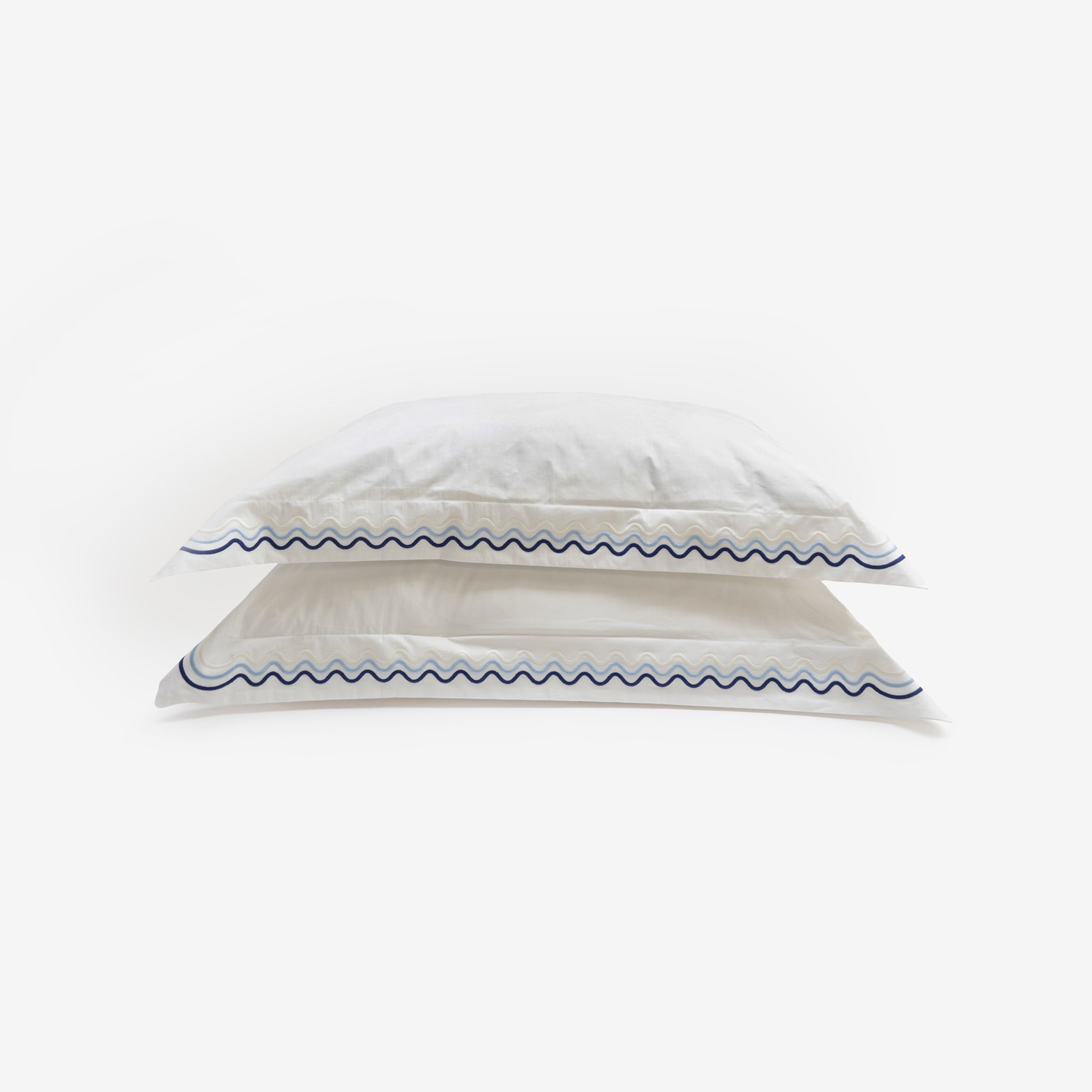 100% Egyptian Cotton Scalloped Luxury Pillowcase Set, Made in England by Peter Reed, Blue Embroidery