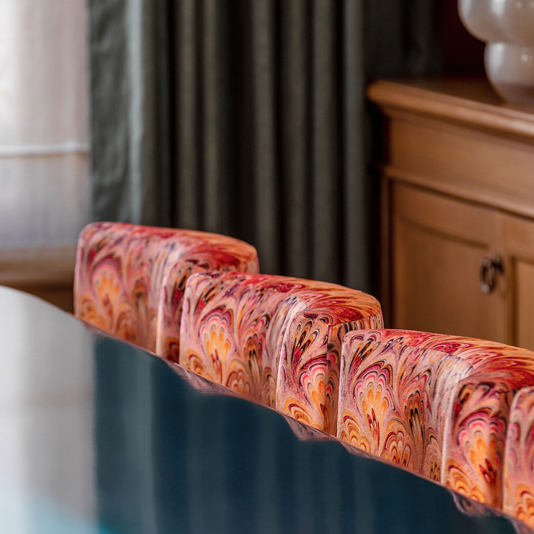 Dining Chair, Pink And Red Marbled Velvet Fabric, Blue Lacquered Frame, Bazaar Brand