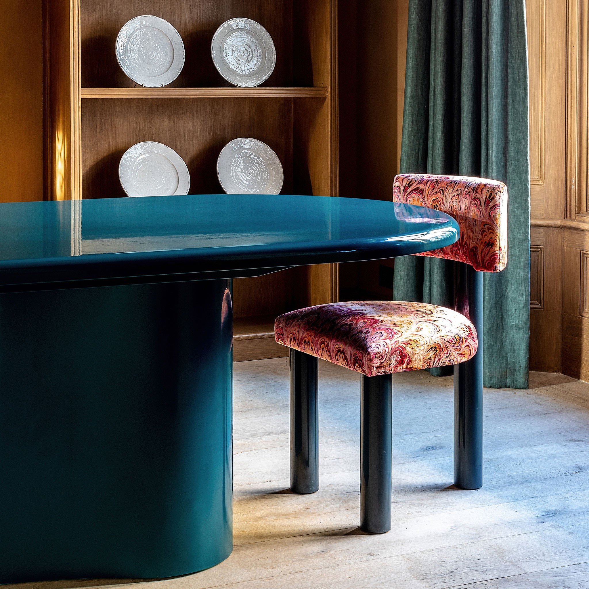 Dining Chair, Pink And Red Marbled Velvet Fabric, Blue Lacquered Frame, Bazaar Brand