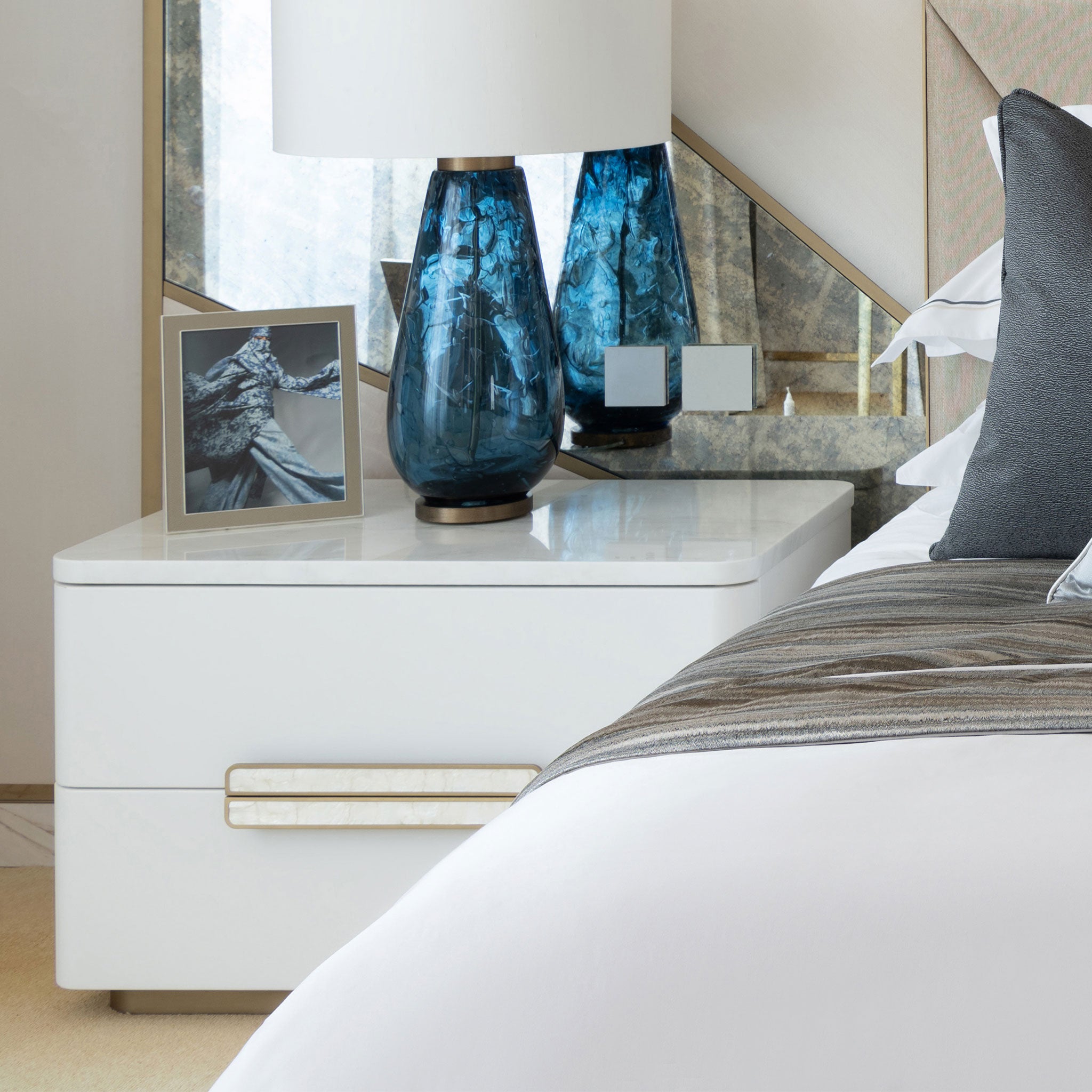 Pearl Bedside Table, Luxury Interiors, Contemporary Interiors, Online Shopping, Craftsmanship, Minimal Design, Bazaar