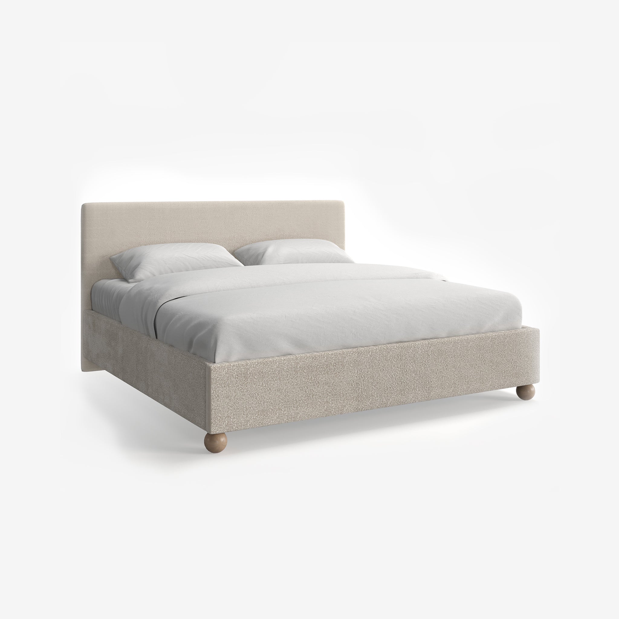 O'Halloran Beige Boucle Upholstered Bed with end-lift Ottoman Storage, Contemporary Interiors, Online Shopping, Craftsmanship, Wooden feet, Bazaar