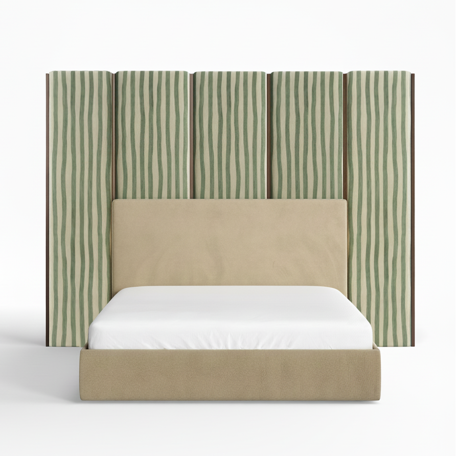Bed with striped headboard on a white background