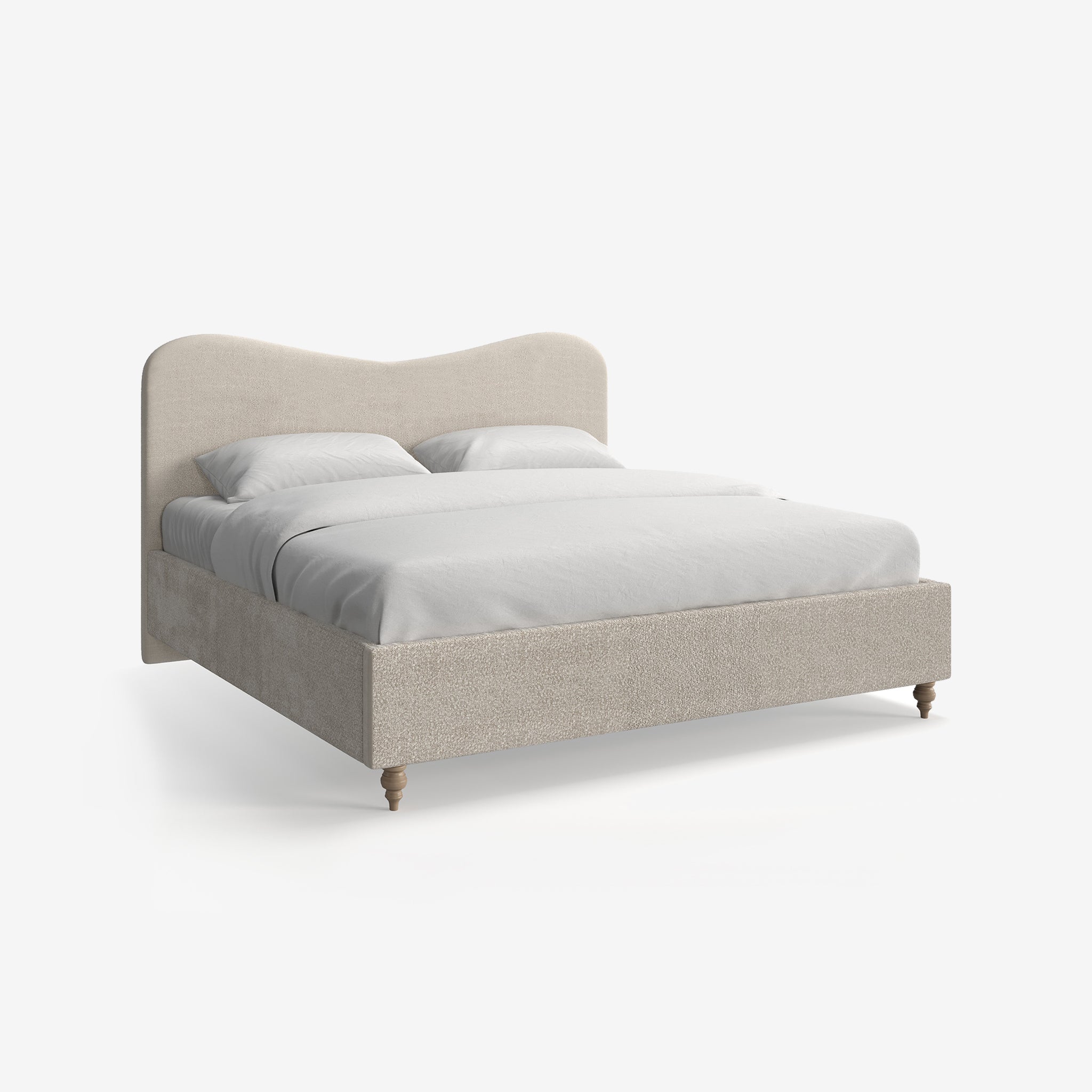 Bozier Beige Boucle Upholstered Bed with Curved Headbaord and end-lift Ottoman Storage, Contemporary Interiors, Online Shopping, Craftsmanship, Wooden feet, Bazaar