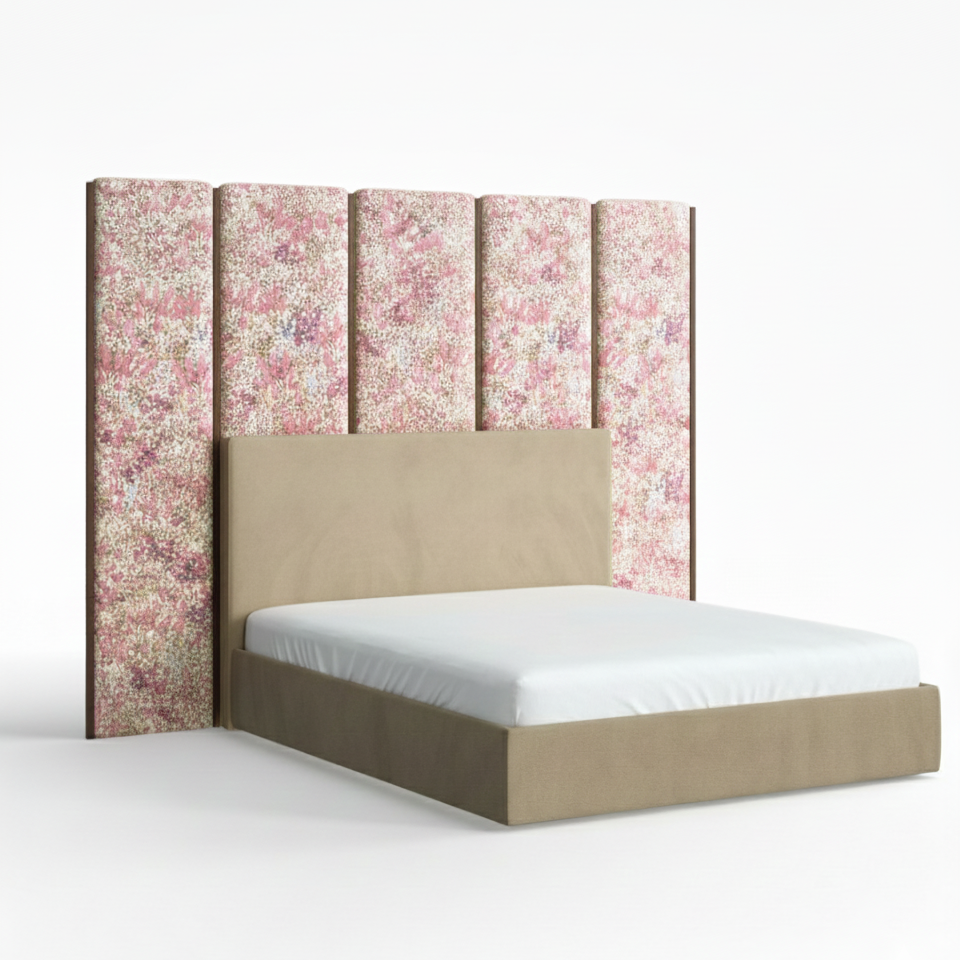 Bed with floral headboard on a white background