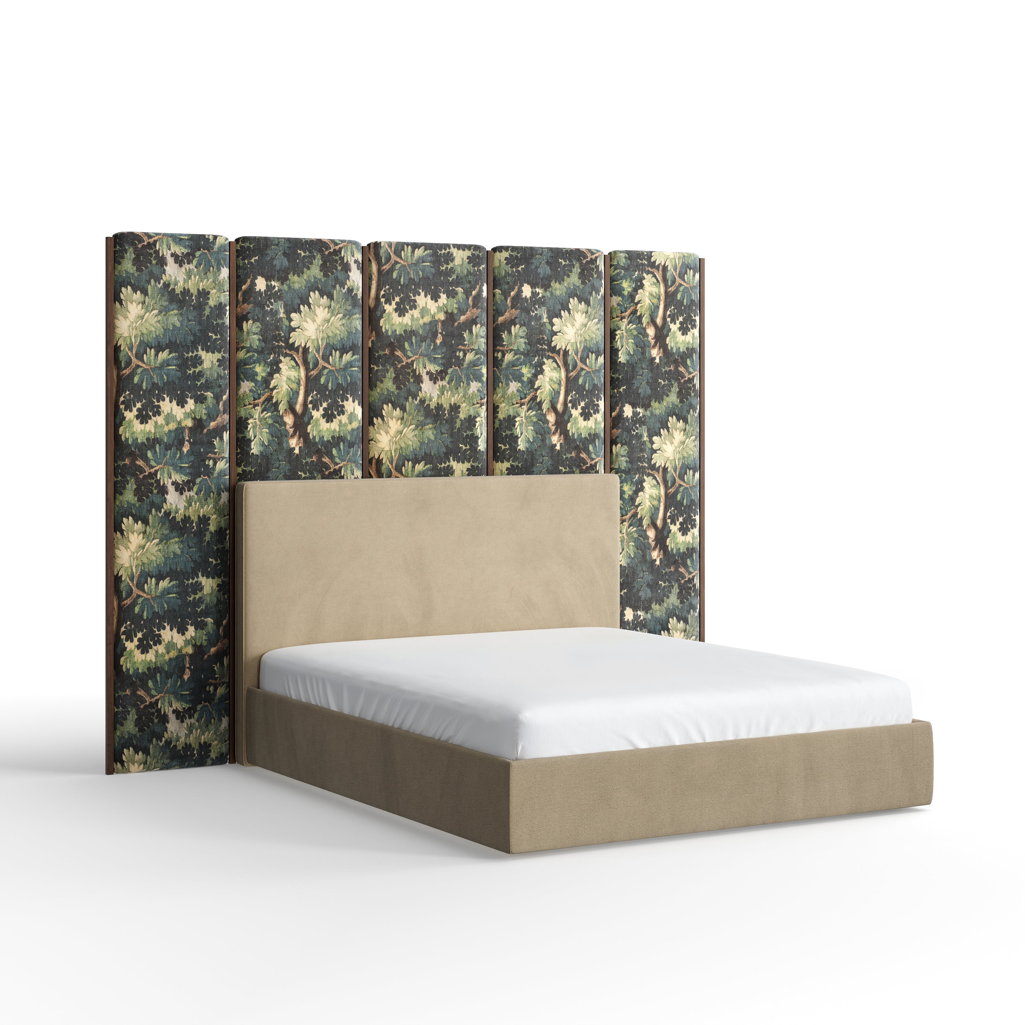 Beige upholstered bed with a oversized decorative headboard panel upholstered in a forest-themed fabric