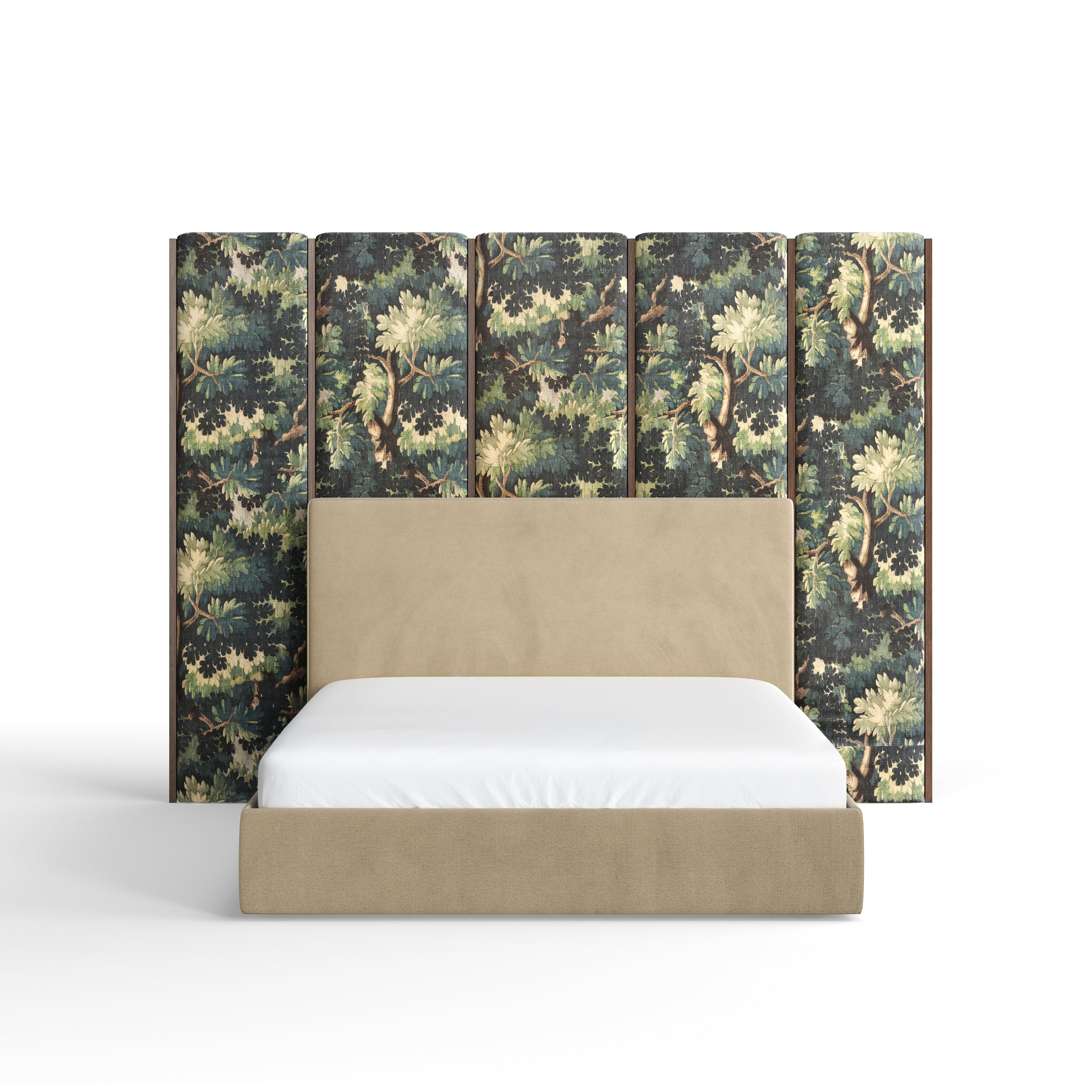 Beige upholstered bed with a oversized decorative headboard panel upholstered in a forest-themed fabric