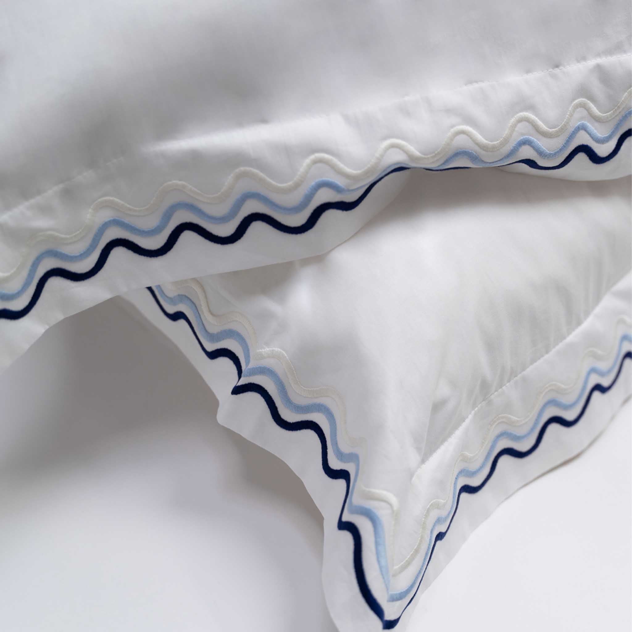 100% Egyptian Cotton Scalloped Luxury Bedding Set, Made in England by Peter Reed, Blue Emroidery
