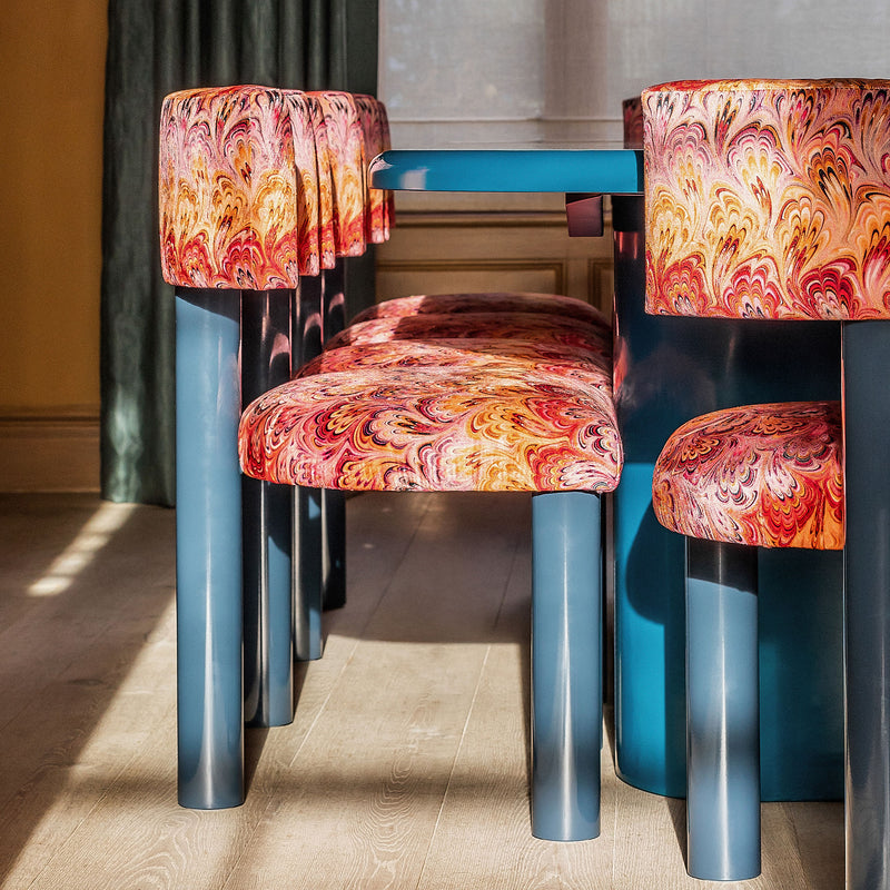 Dining Chair, Pink And Red Marbled Velvet Fabric, Blue Lacquered Frame, Bazaar Brand