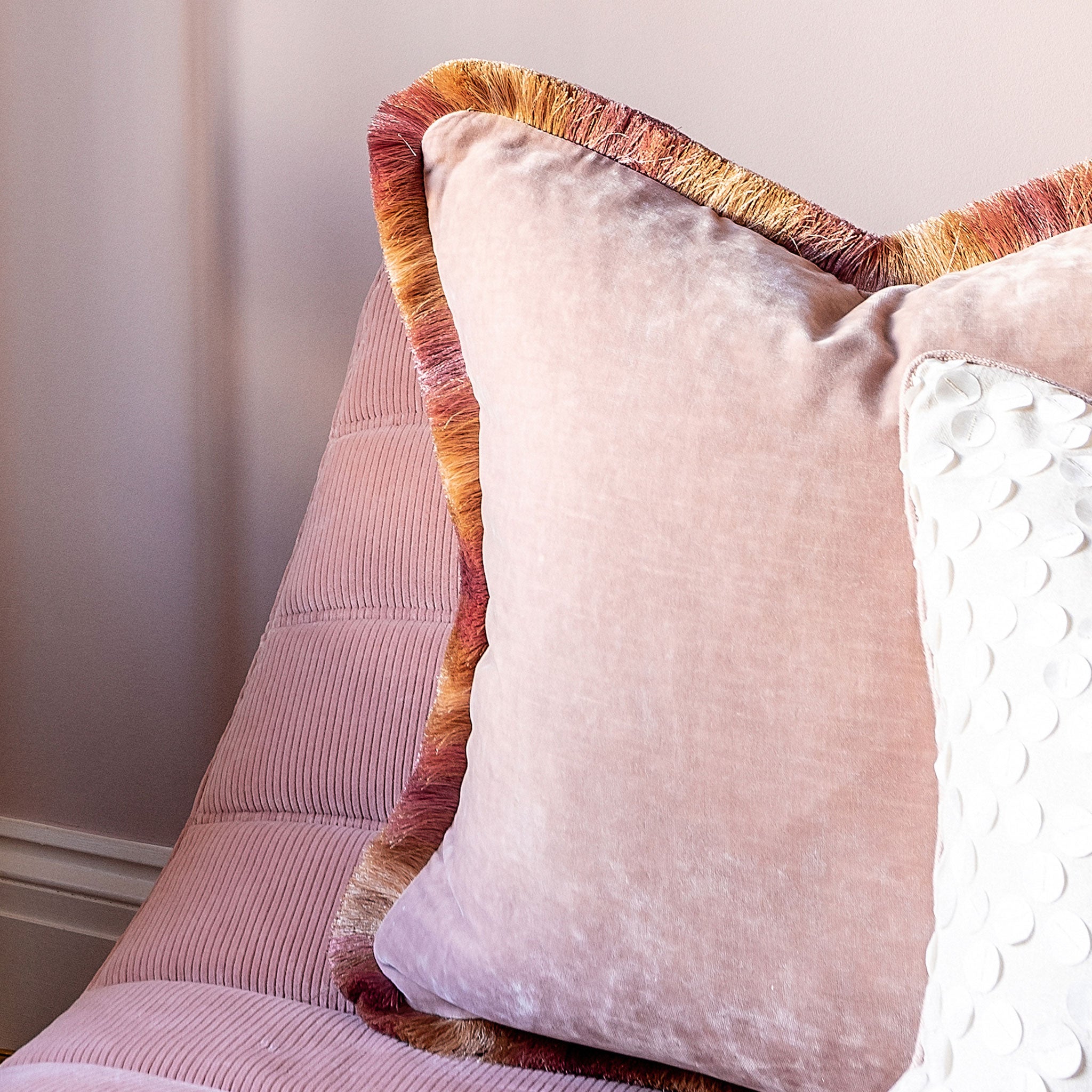 Luxury Cushion, Blush Pink Velvet Fabric, pink ombre fringe , Bedroom, Living Room